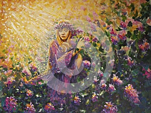 Sunny warm gold nature painting Beautiful girl near lilac pink lilac flowers Painting