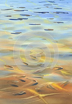 Sunny water with transparent waves and fishes watercolor background