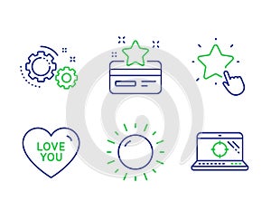 Sunny weather, Love you and Gears icons set. Ranking star, Loyalty card and Seo laptop signs. Vector