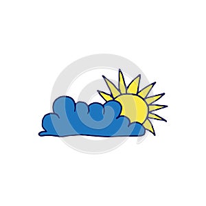 Sunny weather vector illustration. blue cloud and sun icon on white background. sunny day. hand drawn vector. doodle for kids, log