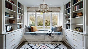 Sunny Window Seat Enclave Surrounded by Books. Concept Cozy Reading Nook, Natural Light Photoshoot, photo