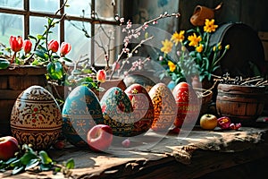 On the sunny windowsill stand large Easter eggs, apples and cut flowers in vases.