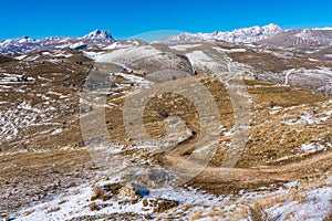 Sunny winter afternoon landscape near Rocca Calascio. Abruzzo, Italy.