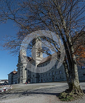 Sunny winter day Einsiedeln Abbey Benedictine monastery in canton Schwyz