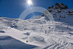 Sunny winter day and great snow conditions at the Meribel ski resort in France.