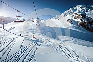 Sunny winter day in skiing area. Location place famous ski resort Ischgl/Samnaun