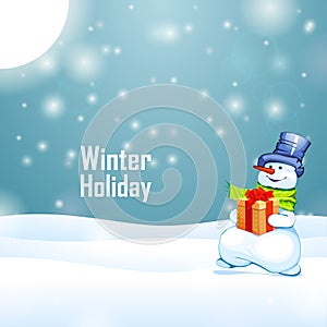 Sunny winter holiday and snowman with gift