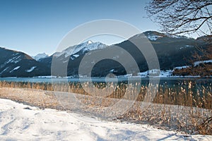 Sunny winter morning at the lake Weissensee