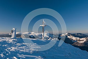 Sunny winter morning on a mountain ridge