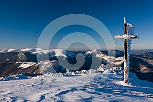 Sunny winter morning on a mountain ridge