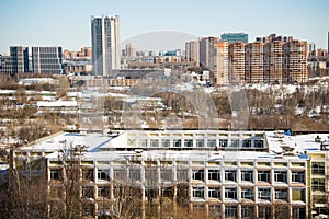 Sunny winter view of the environmentally friendly comfortable residential district in Moscow.