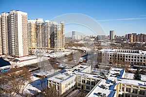 Sunny winter view of the environmentally friendly comfortable residential district in Moscow.