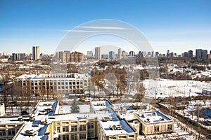 Sunny winter view of the environmentally friendly comfortable residential district in Moscow.
