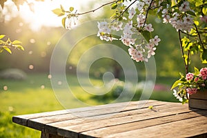 Sunny wood table, bokeh background, outdoor display photo