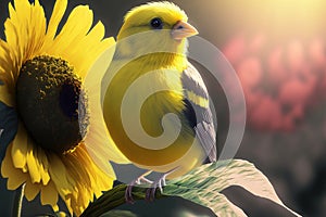 Sunny yellow bird with his flower