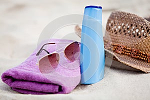 Sunprotection objects on the beach in holiday