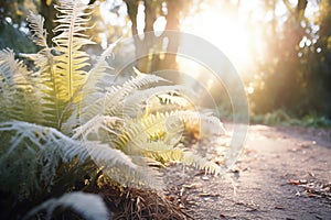 sunray touching frosted ferns near path