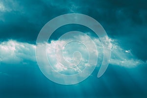 Sunrays Through Blue Rainy Dramatic Sky. Natural Abstract Background