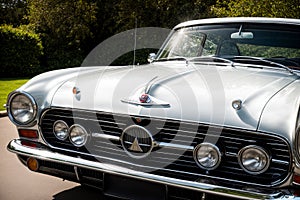 Sunrays bouncing off the polished hood of a classic car