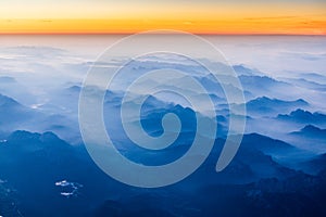 Sunrise above Alps, aerial view of Austria