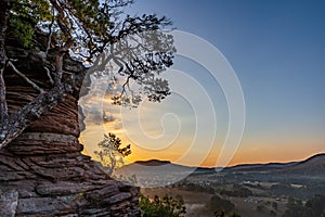 Sunrise above Dahn Rockland seen from Rock Sprinzelfelsen, Dahner Felsenland, Rhineland-Palatinate, Germany