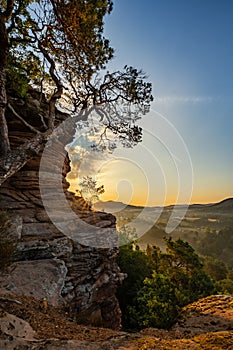 Sunrise above Dahn Rockland seen from Rock Sprinzelfelsen, Dahner Felsenland, Rhineland-Palatinate, Germany