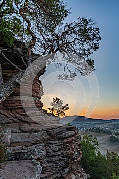 Sunrise above Dahn Rockland seen from Rock Sprinzelfelsen, Dahner Felsenland, Rhineland-Palatinate, Germany, Europe