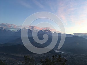 Sunrise above Himalayan Mountains - View from Sarangkot, Nepal.