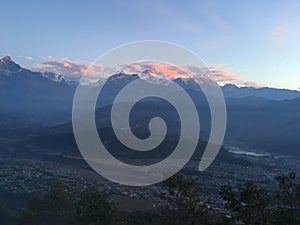 Sunrise above Himalayan Mountains - View from Sarangkot, Nepal.