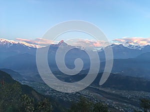 Sunrise above Himalayan Mountains - View from Sarangkot, Nepal.