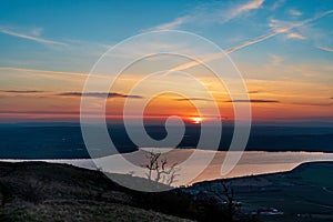 Sunrise above Nove Mlyny dam from Devin hill in Palava mountains in Czech republic