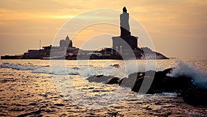 Sunrise above the sea silhouette of coast of India Kanyakumari