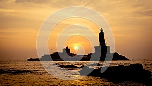 Sunrise above the sea silhouette of coast of India Kanyakumari