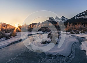 Sunrise above The Three Sisters, Canmore, Travel Alberta, Banff National Park, Canada, North America, Canadian Rockies