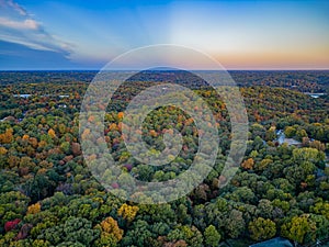 Sunrise aerial view of the Hobbs State Park-Conservation Area landscape