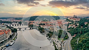 Sunrise Aerial View of Prague Cityscape, Prague castle and Charles Bridge