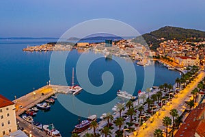 Sunrise aerial view of Riva promenade in Split, Croatia