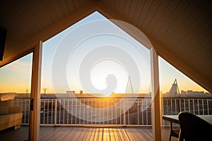 sunrise, aframe silhouette, balcony visible photo