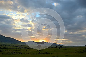 Sunrise in african savanna, Kenya, Africa