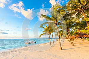 Sunrise at Akumal beach, paradise bay at Riviera Maya, caribbean coast of Mexico