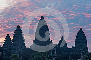 Sunrise at Angkor Wat, popular among tourists ancient landmark and place of worship in Southeast Asia. Siem Reap, Cambodia