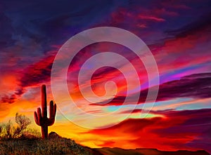 Sunrise on the Arizona desert a Saguaro cautus in silhouette.