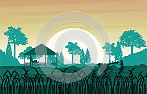 Sunrise Asian Farmer Paddy Rice Field Agriculture Nature Illustration