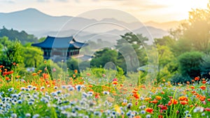 Sunrise bathes traditional Korean Hanok in soft light amidst meadow of wildflowers