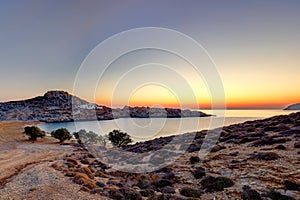 The sunrise at the beach Agios Sostis of Serifos island in Cyclades, Greece
