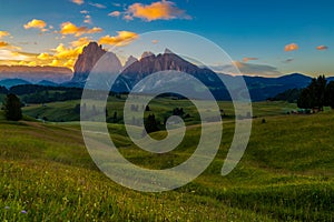 Sunrise in beautiful landscape of Alpe di siusi - Seiser alm in Dolomite, Italy