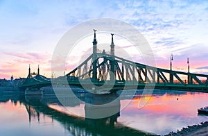 The sunrise behind the Liberty Bridge, Budapest, Hungary