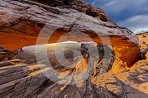 Sunrise behind Mesa Arch in Canyonlands National Park, Utah