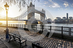 Sunrise behind the Tower Bridge in London, UK