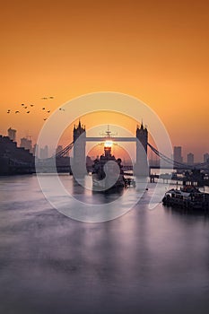 Sunrise behind the Tower Bridge in London, United Kingdom